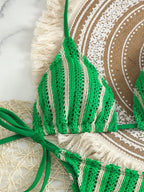 Conjunto Biquíni Boho Capa Crochê 3 Peças Listrado