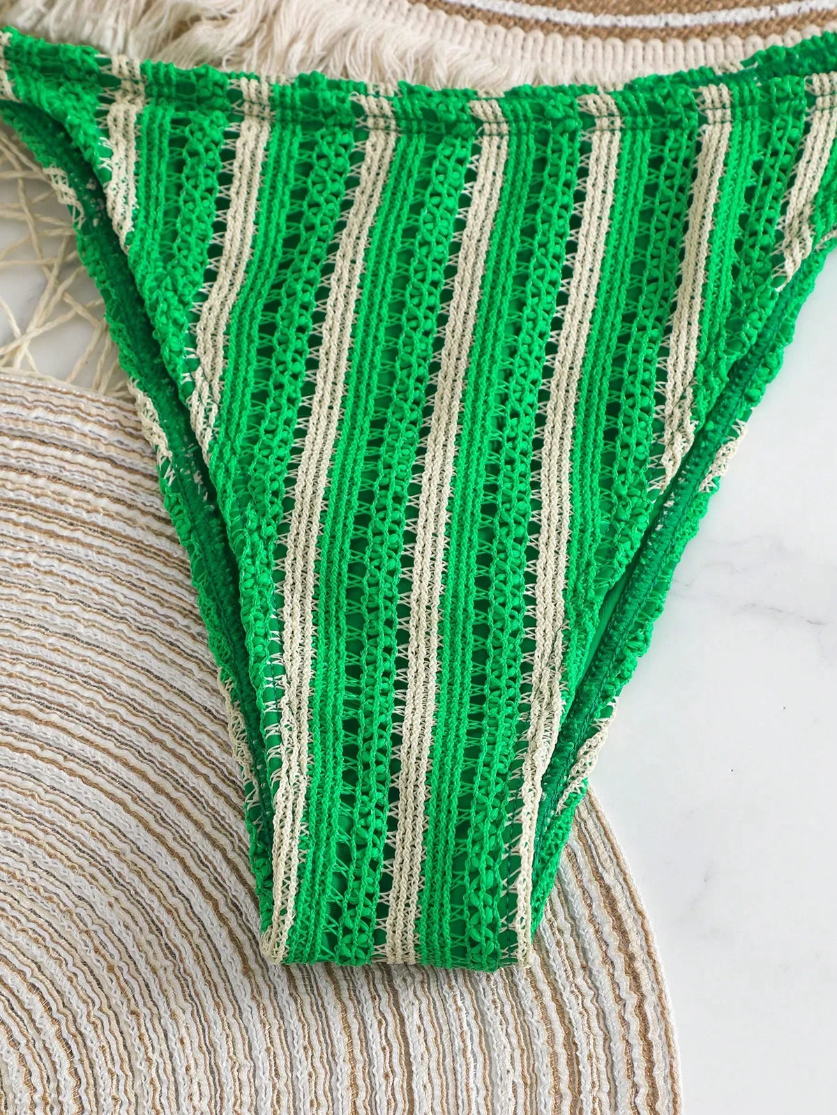 Conjunto Biquíni Boho Capa Crochê 3 Peças Listrado