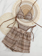 Conjunto Biquíni Boho Capa Crochê 3 Peças Listrado