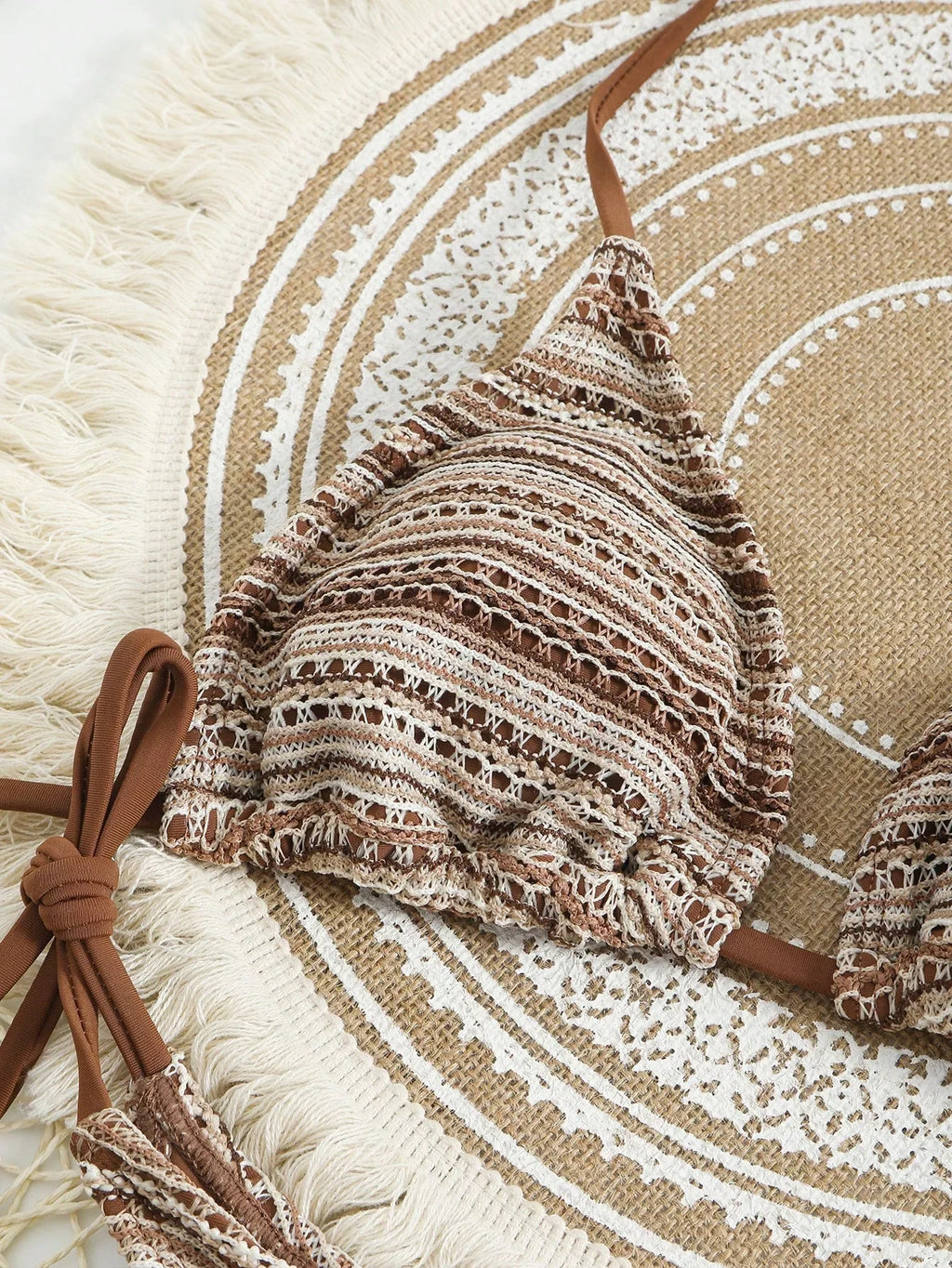 Conjunto Biquíni Boho Capa Crochê 3 Peças Listrado