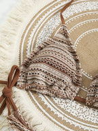 Conjunto Biquíni Boho Capa Crochê 3 Peças Listrado