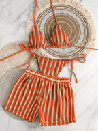 Conjunto Biquíni Boho Capa Crochê 3 Peças Listrado