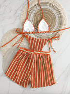 Conjunto Biquíni Boho Capa Crochê 3 Peças Listrado