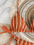 Conjunto Biquíni Boho Capa Crochê 3 Peças Listrado