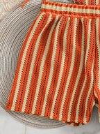 Conjunto Biquíni Boho Capa Crochê 3 Peças Listrado