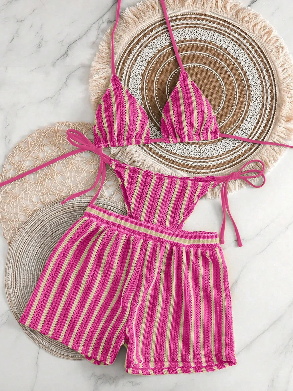 Conjunto Biquíni Boho Capa Crochê 3 Peças Listrado