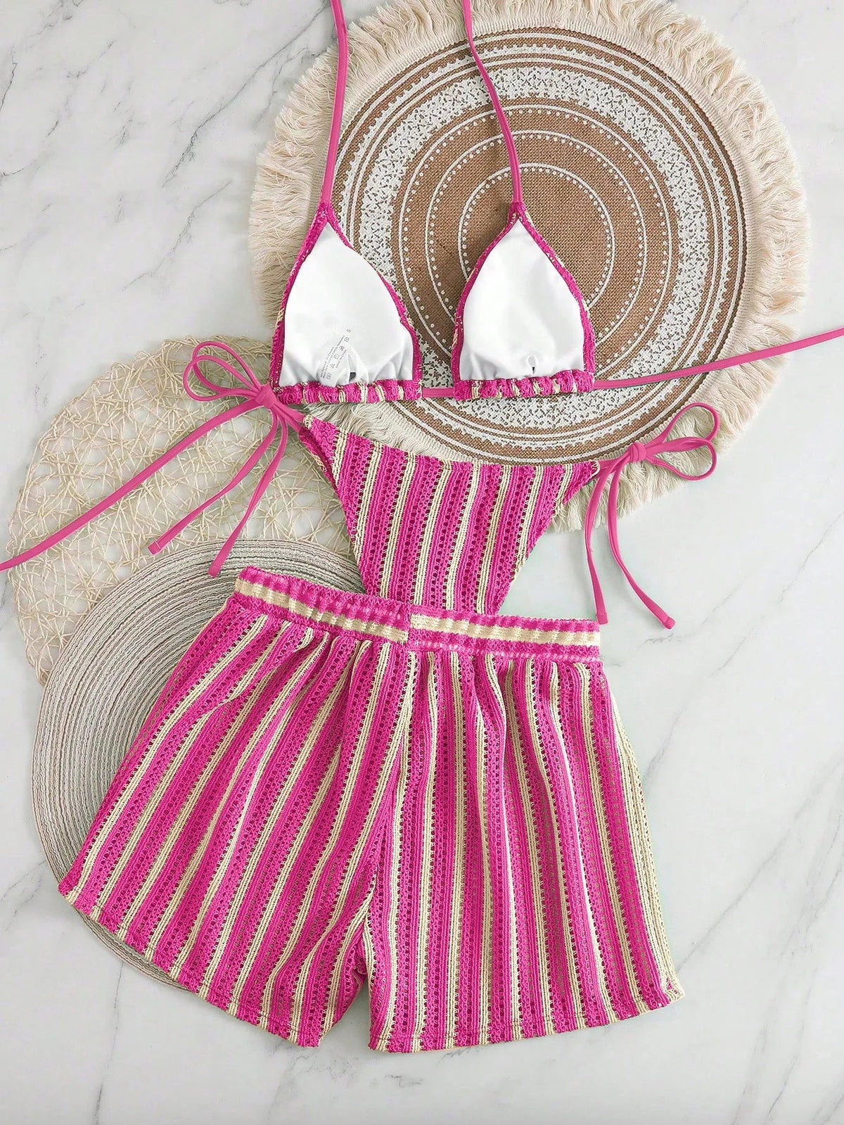 Conjunto Biquíni Boho Capa Crochê 3 Peças Listrado