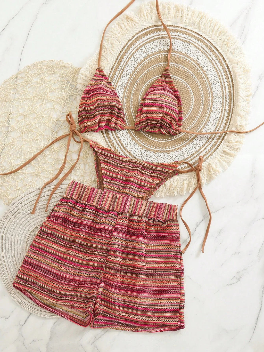 Conjunto Biquíni Boho Capa Crochê 3 Peças Listrado