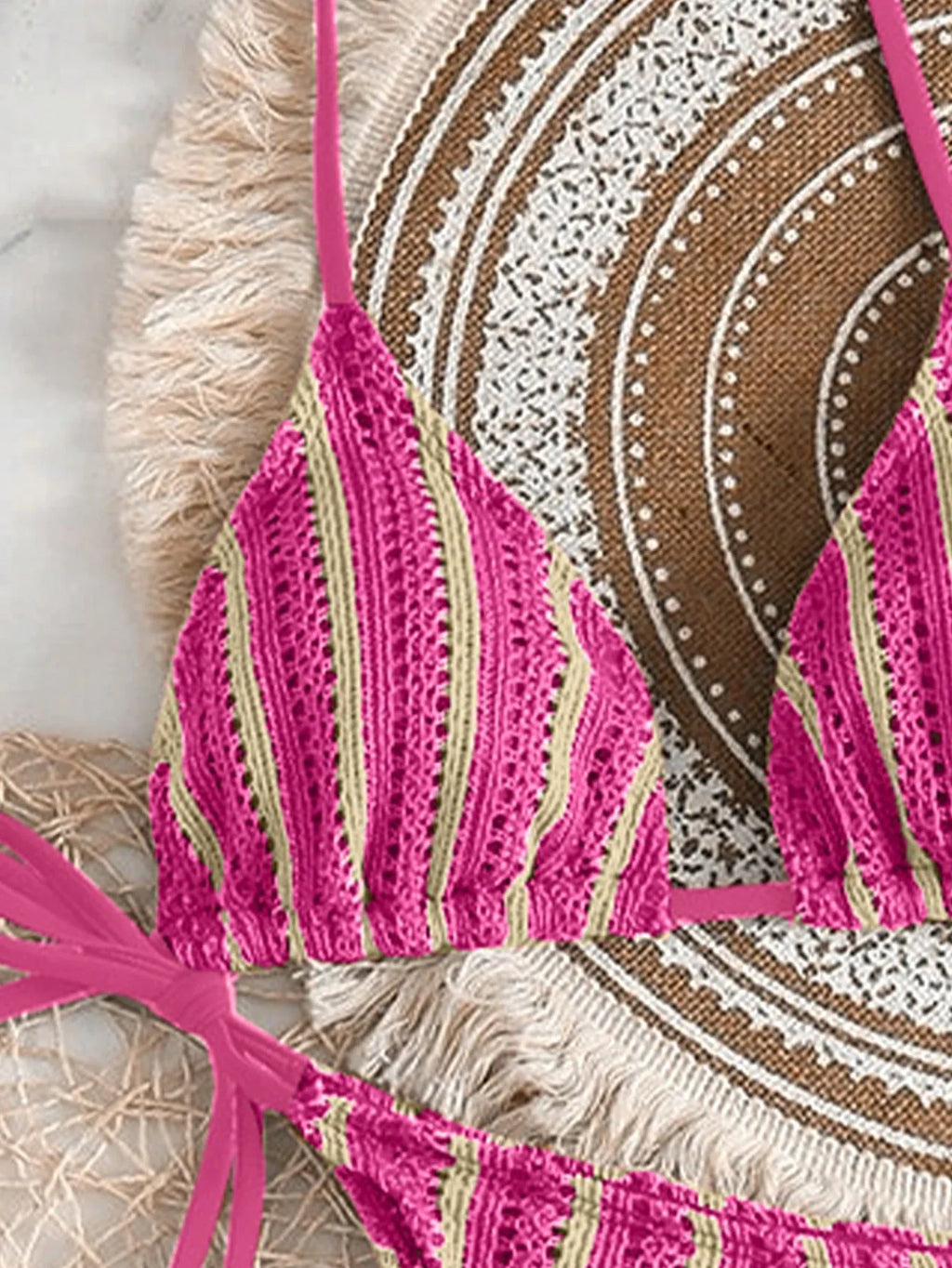 Conjunto Biquíni Boho Capa Crochê 3 Peças Listrado
