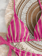 Conjunto Biquíni Boho Capa Crochê 3 Peças Listrado