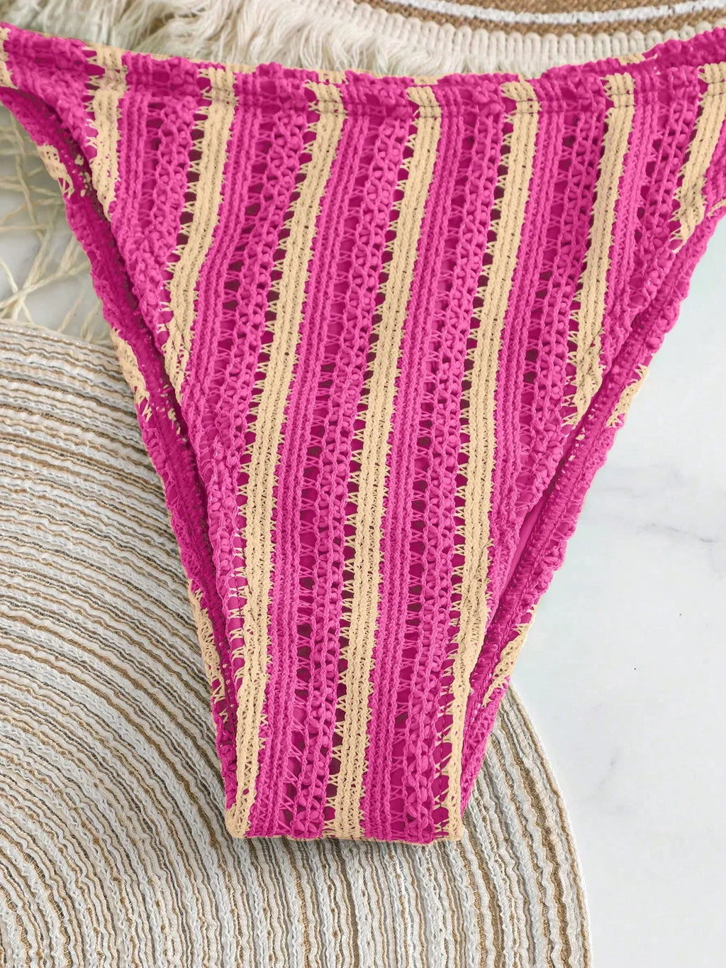 Conjunto Biquíni Boho Capa Crochê 3 Peças Listrado