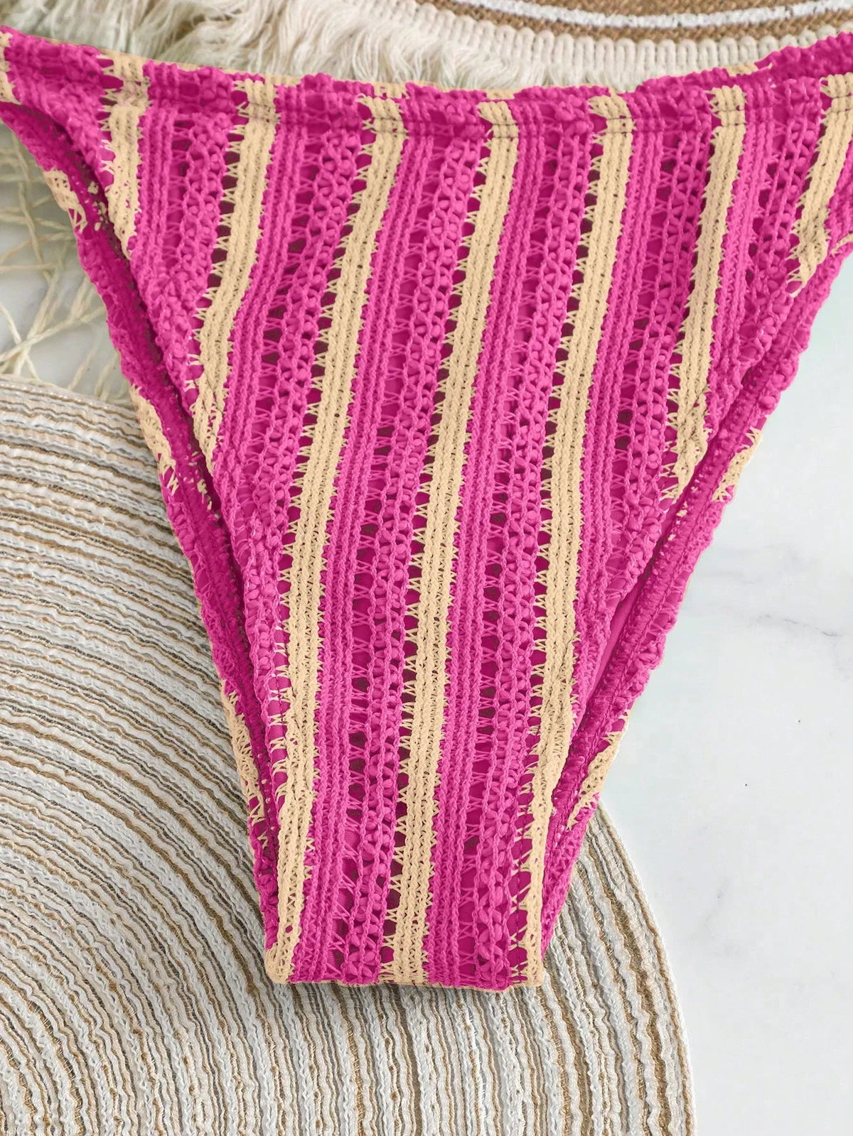 Conjunto Biquíni Boho Capa Crochê 3 Peças Listrado
