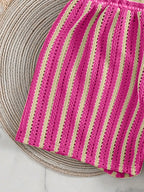Conjunto Biquíni Boho Capa Crochê 3 Peças Listrado
