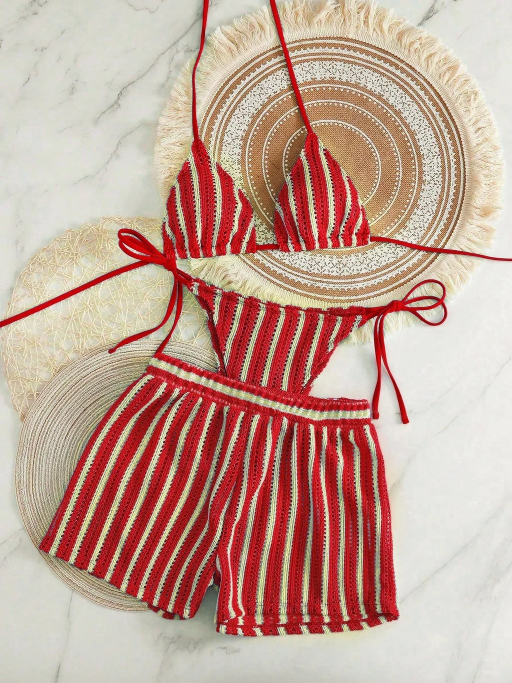 Conjunto Biquíni Boho Capa Crochê 3 Peças Listrado