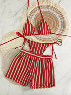 Conjunto Biquíni Boho Capa Crochê 3 Peças Listrado