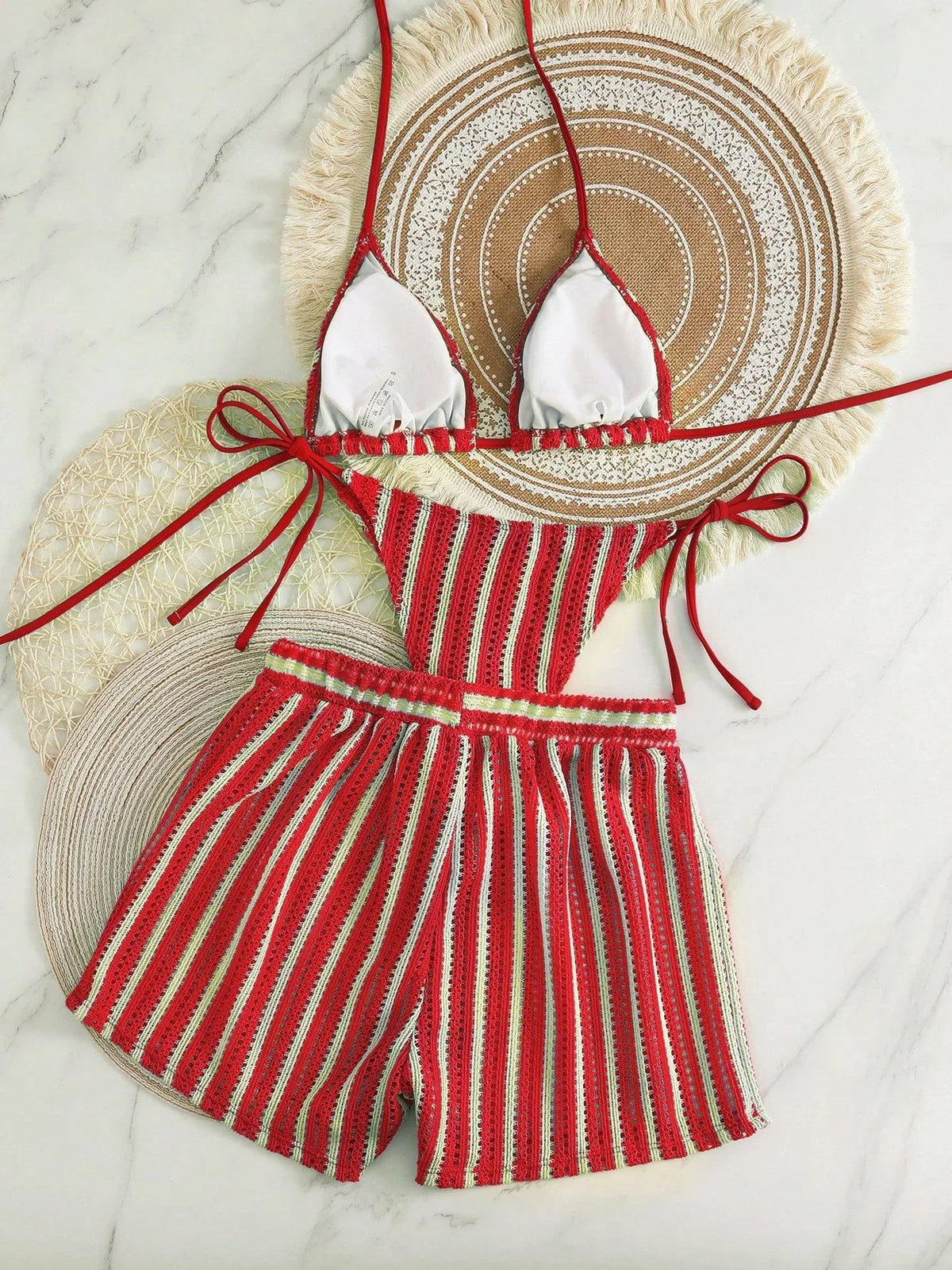 Conjunto Biquíni Boho Capa Crochê 3 Peças Listrado
