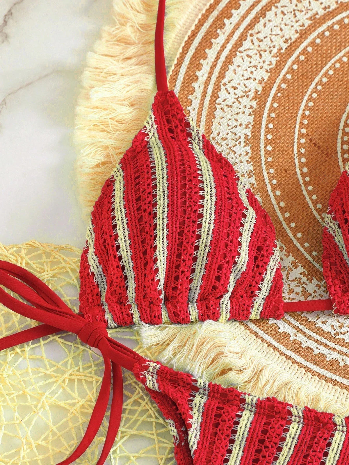Conjunto Biquíni Boho Capa Crochê 3 Peças Listrado