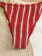 Conjunto Biquíni Boho Capa Crochê 3 Peças Listrado