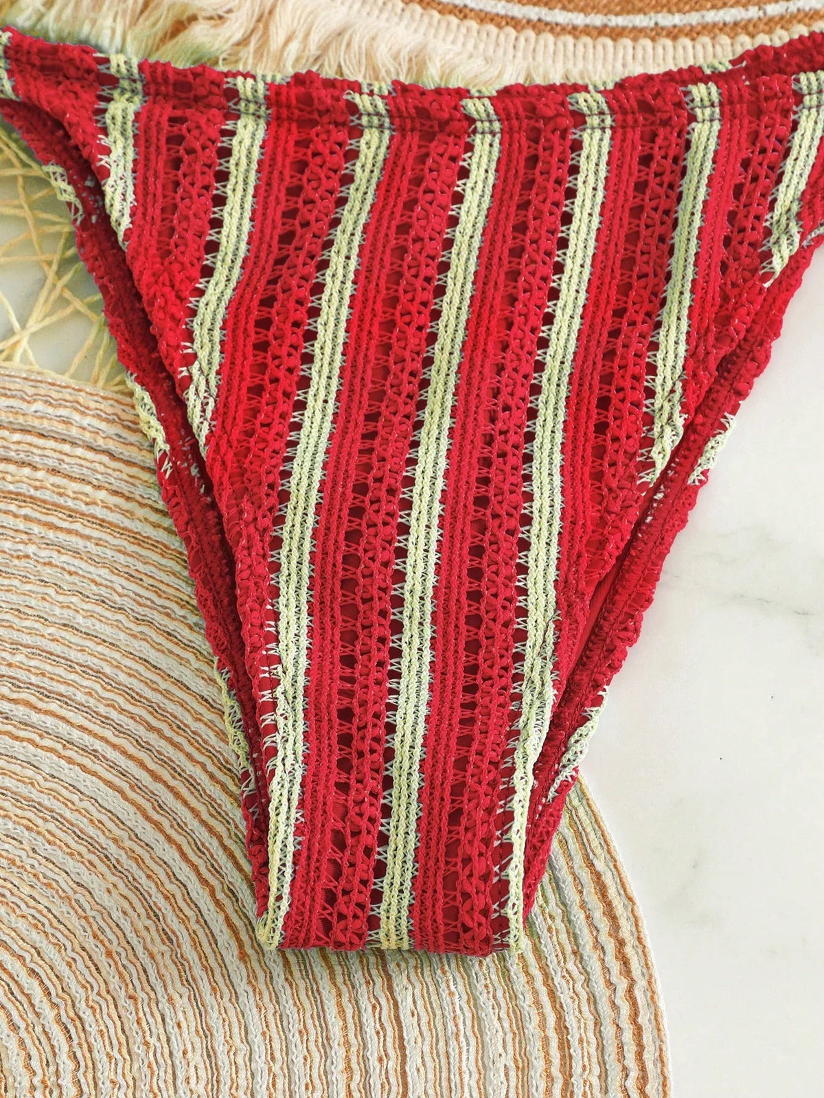 Conjunto Biquíni Boho Capa Crochê 3 Peças Listrado