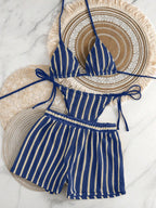 Conjunto Biquíni Boho Capa Crochê 3 Peças Listrado