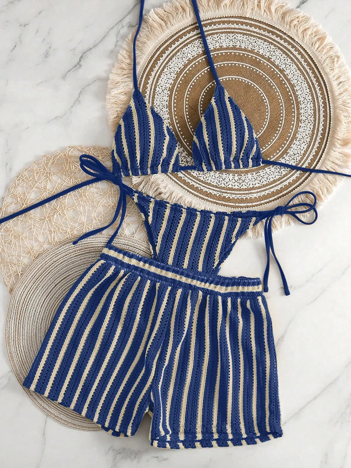 Conjunto Biquíni Boho Capa Crochê 3 Peças Listrado
