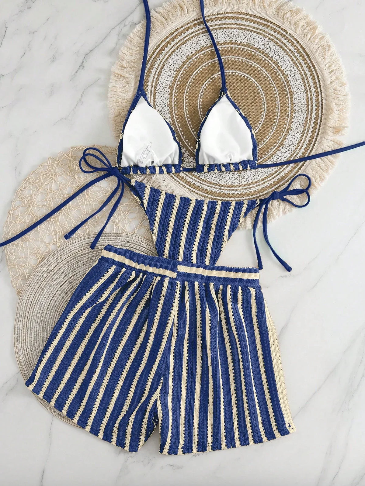 Conjunto Biquíni Boho Capa Crochê 3 Peças Listrado