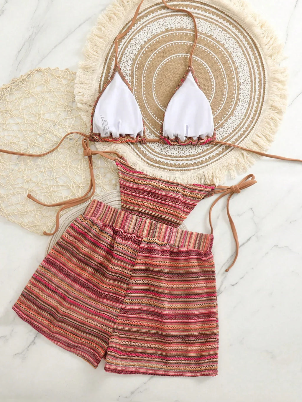 Conjunto Biquíni Boho Capa Crochê 3 Peças Listrado