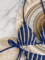 Conjunto Biquíni Boho Capa Crochê 3 Peças Listrado