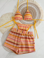 Conjunto Biquíni Boho Capa Crochê 3 Peças Listrado