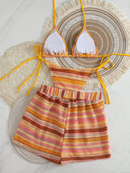Conjunto Biquíni Boho Capa Crochê 3 Peças Listrado