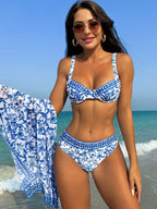Conjunto Biquíni Floral Romântico Saia Leve 3 Peças