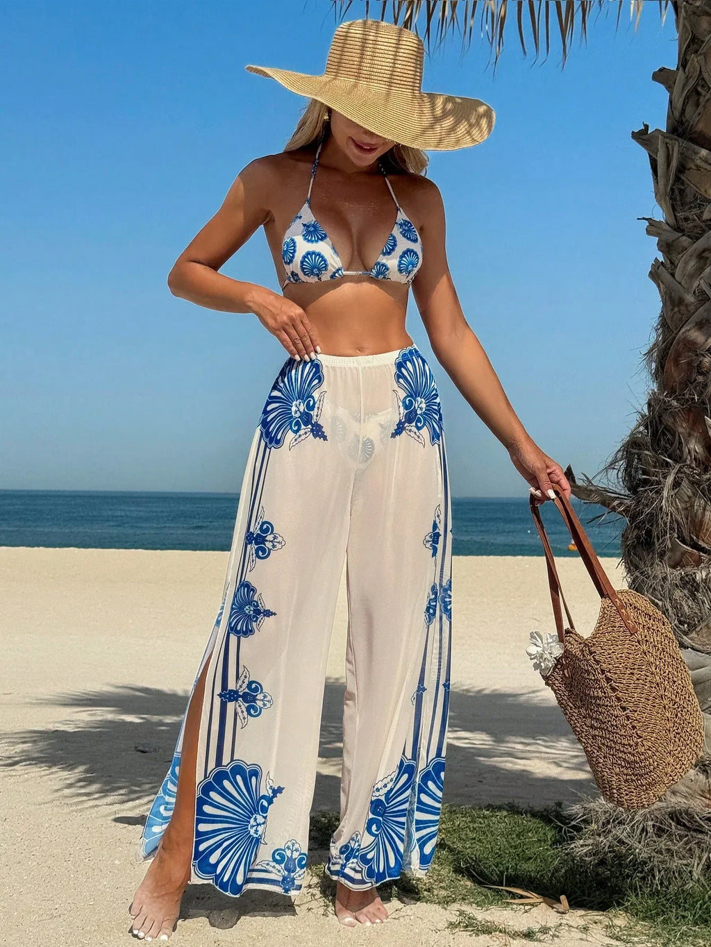 Conjunto Biquíni Boho Multicolorido Calça Extra 3 Peças