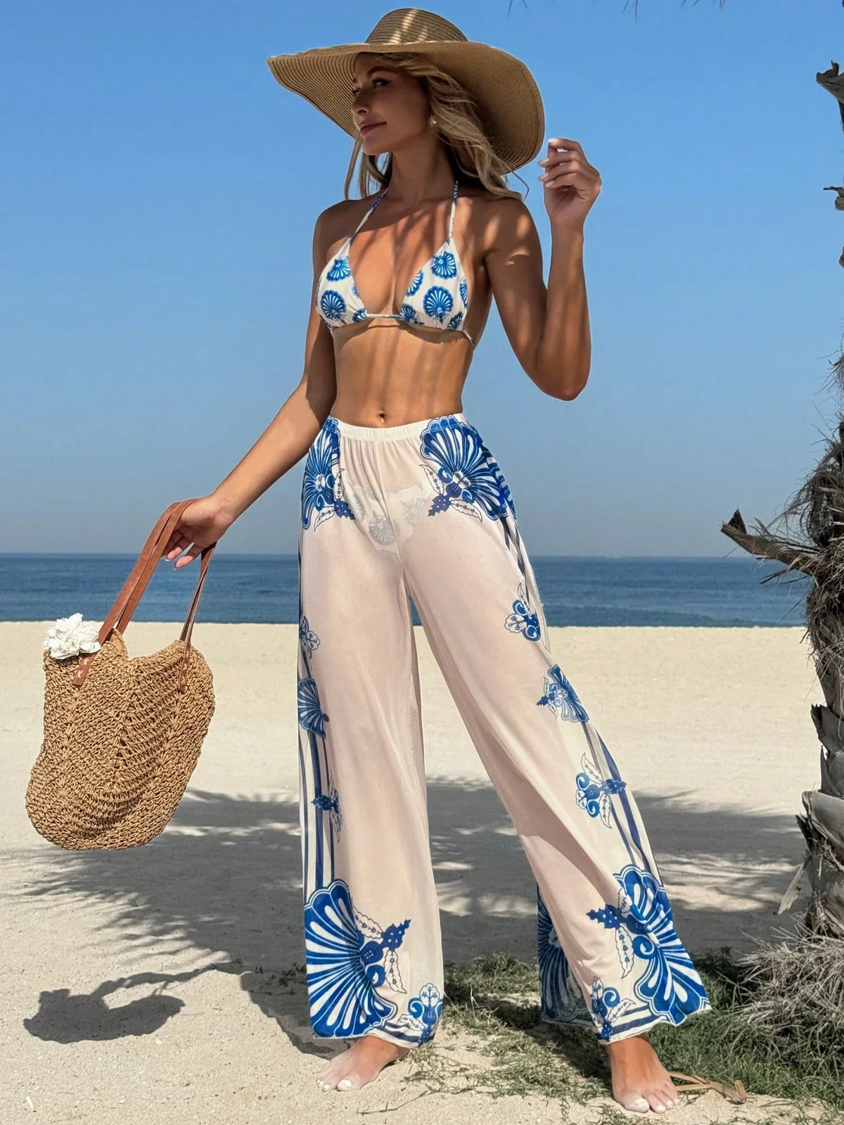 Conjunto Biquíni Boho Multicolorido Calça Extra 3 Peças