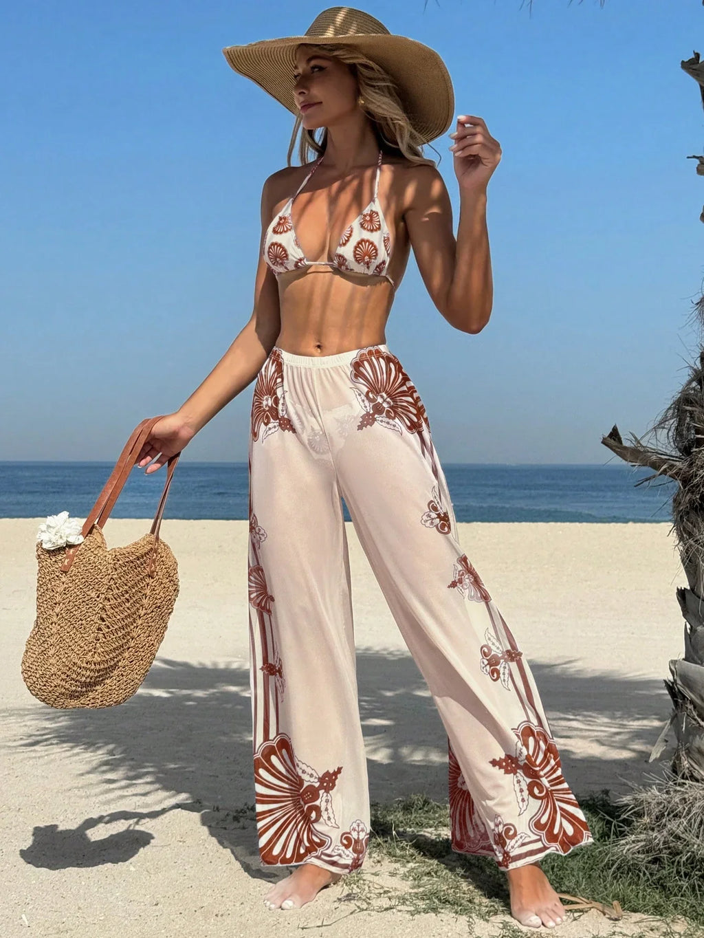 Conjunto Biquíni Boho Multicolorido Calça Extra 3 Peças