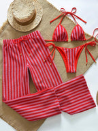 Conjunto Biquíni Listrado Frente Única com Calça Baixa