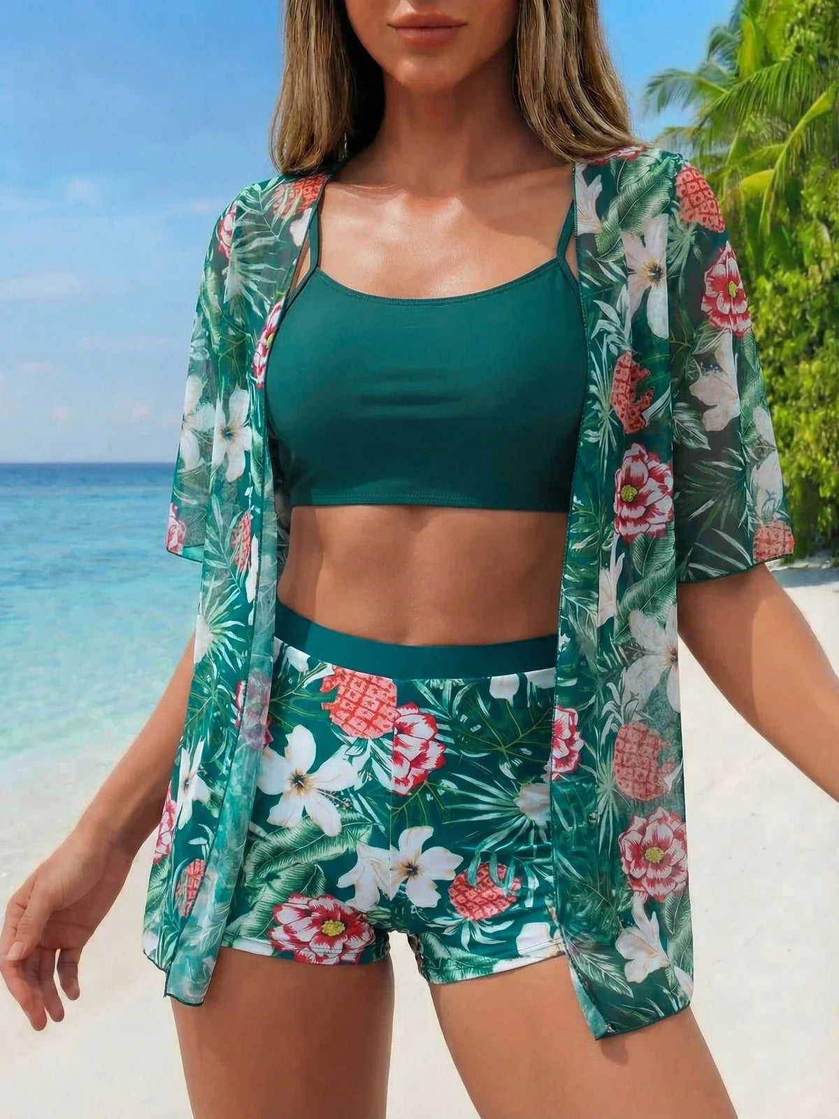 Conjunto de Biquíni 3 Peças Estampa Tropical Ilha Tropical — fotografia 10 | Mar & Pérola