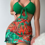Conjunto de Biquíni 3 Peças Halter Tropical Costa Tropical com Saia