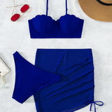 Conjunto de Biquíni 3 Peças Push-Up Maré de Verão com Saia Leque