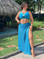 Conjunto de Biquíni Plus Size Azul Nó Frontal