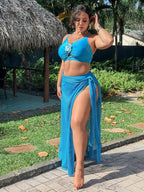 Conjunto de Biquíni Plus Size Azul Nó Frontal