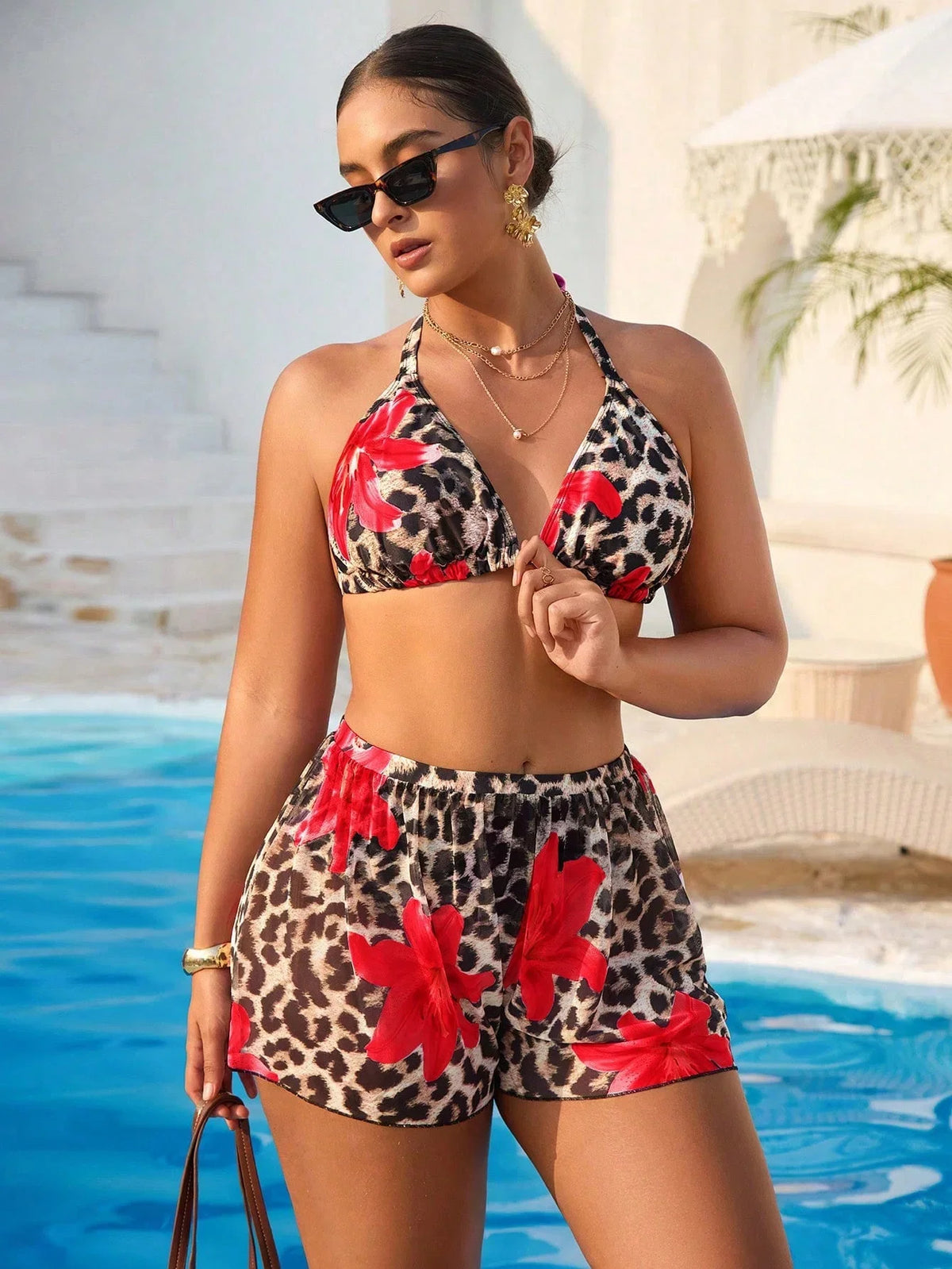 Conjunto de Biquíni Plus Size Estampa Tropical Saia
