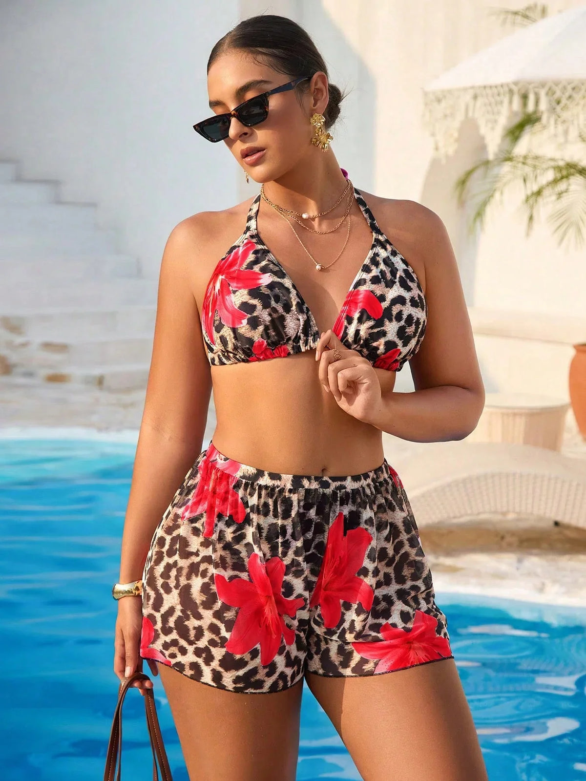 Conjunto de Biquíni Plus Size Estampa Tropical Saia
