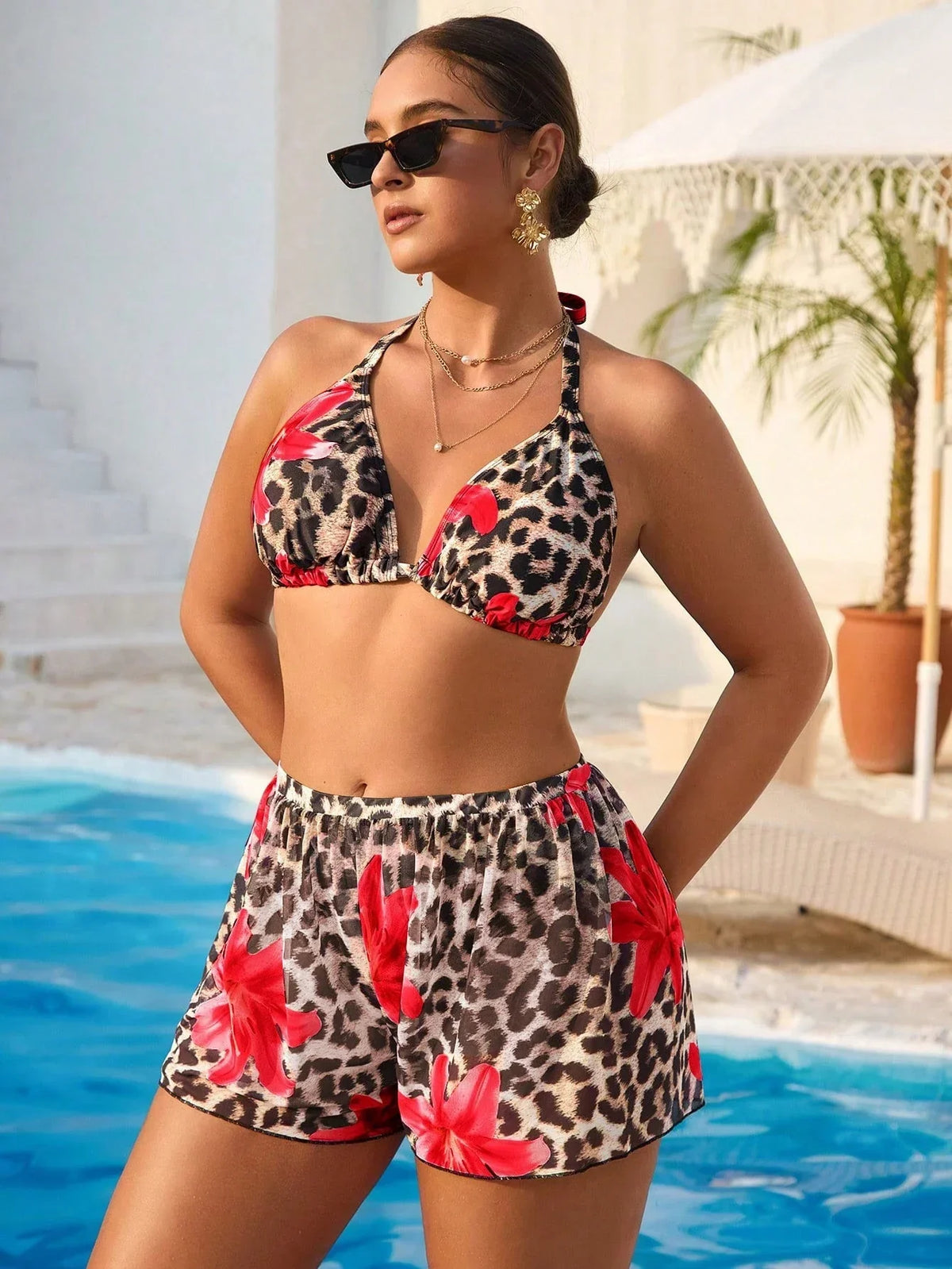 Conjunto de Biquíni Plus Size Estampa Tropical Saia