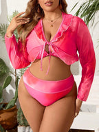 Conjunto de Biquíni Plus Size Manga Comprida Plissado