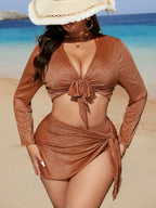 Conjunto de Biquíni Plus Size Manga Longa Decote Alongado
