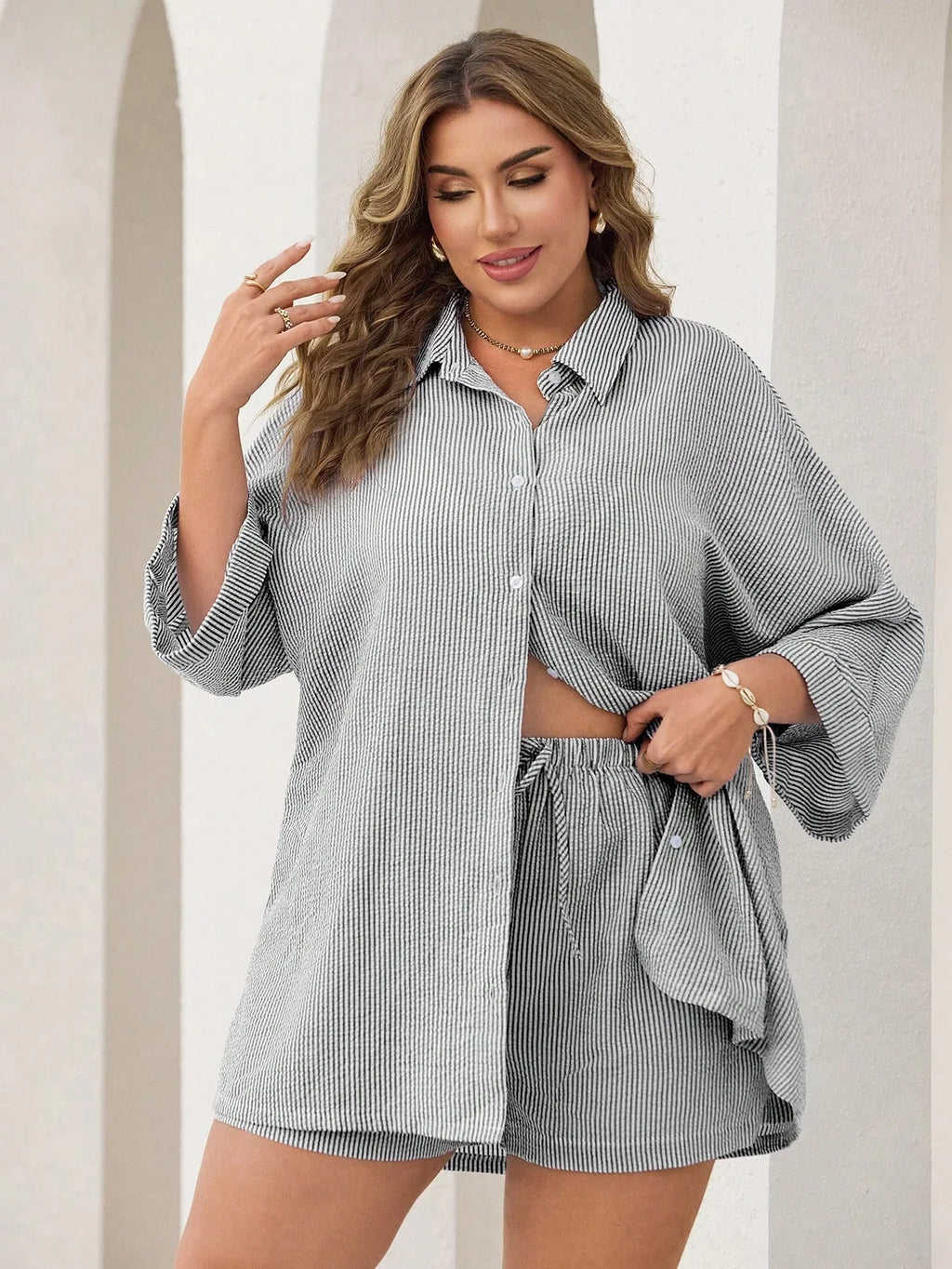 Conjunto Plus Size Listrado Lapela