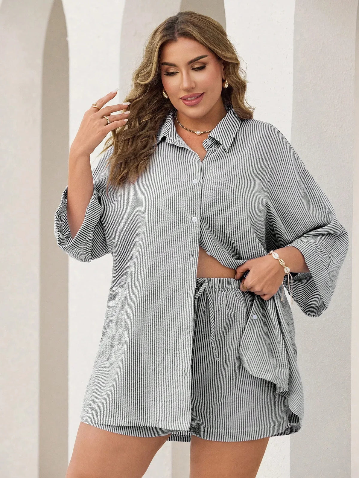 Conjunto Plus Size Listrado Lapela