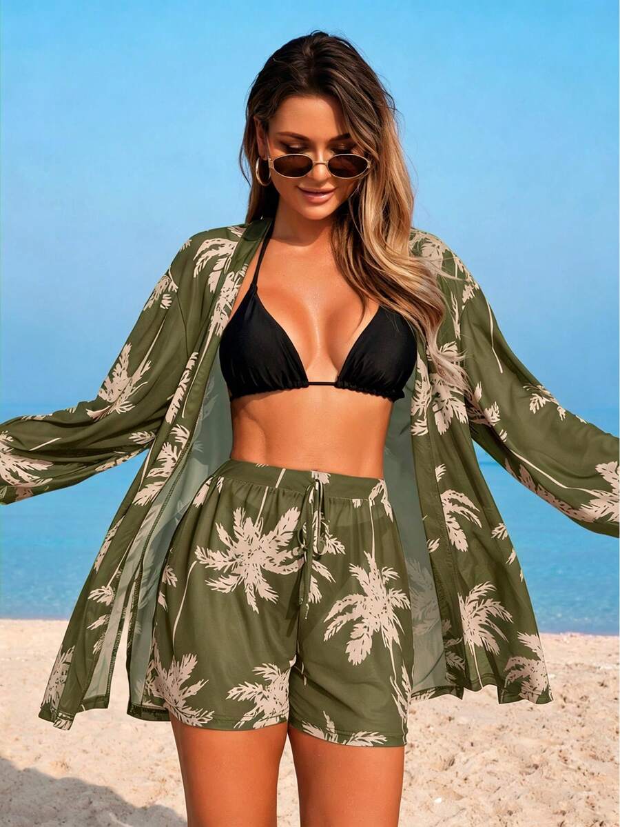 Conjunto Kimono Tela Estampa Coqueiro com Shorts