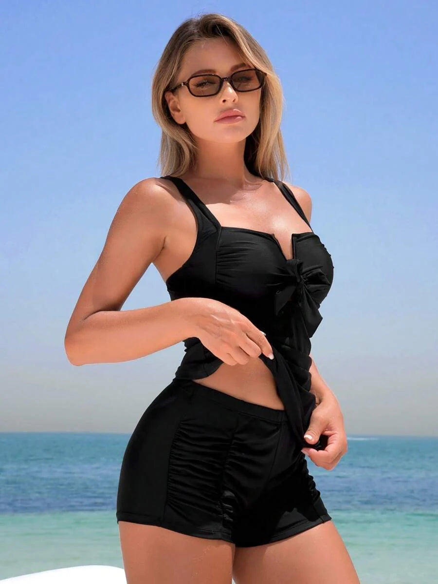 Conjunto Tankini Laço Frontal com Shorts Franzido