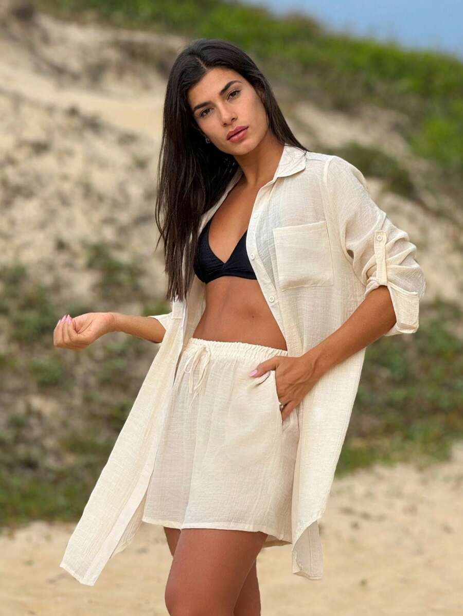 Conjunto Camisão e Short Praia Cor Sólida Anti-UV